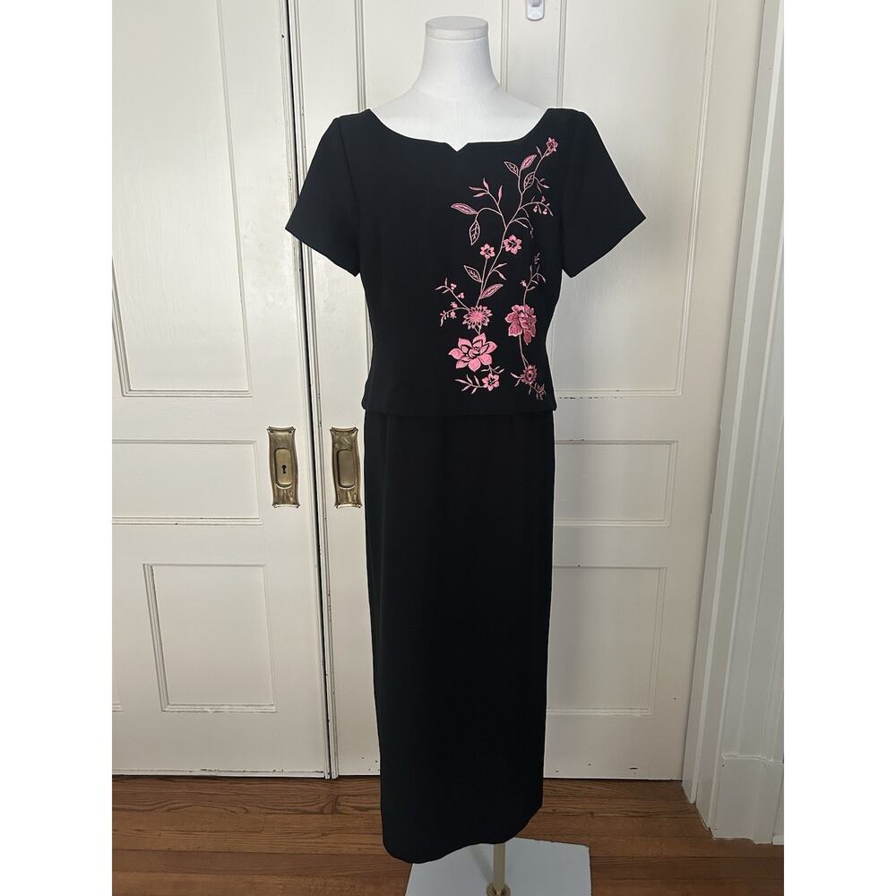 Vintage Worthington Floral Embroidered Sheath Midi Dress Womens Size 8M Black